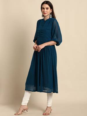 Teal woven chiffon kurtas-and-kurtis 3