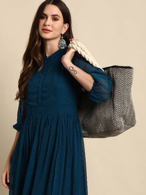 Teal woven chiffon kurtas-and-kurtis 5