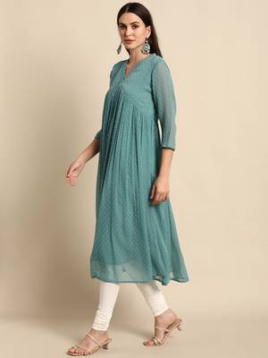 Green woven chiffon kurtas-and-kurtis 3