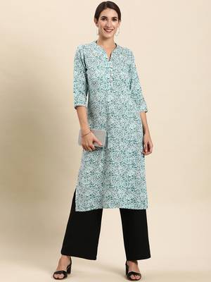 Sky-blue printed rayon kurtas-and-kurtis 1