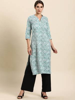 Sky-blue printed rayon kurtas-and-kurtis 2