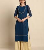 Teal printed crepe kurtas-and-kurtis