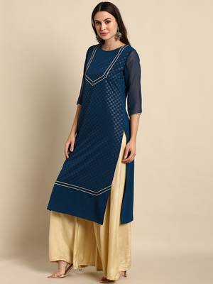 Teal printed crepe kurtas-and-kurtis 3