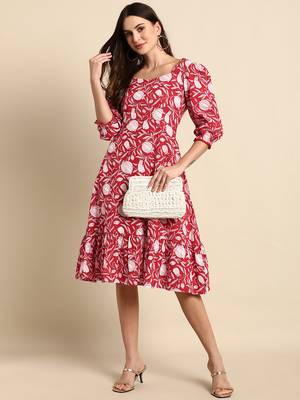 Red printed cotton long-dresses 1