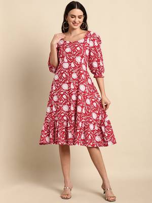 Red printed cotton long-dresses 2