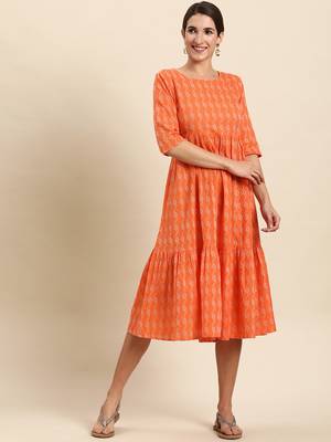 Orange woven cotton long-dresses 1