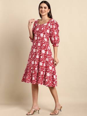 Red printed cotton long-dresses 3
