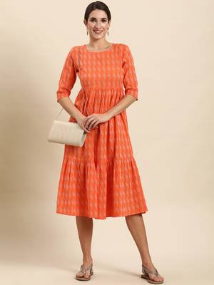 Orange woven cotton long-dresses 2