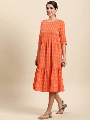 Orange woven cotton long-dresses 3