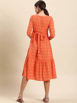 Orange woven cotton long-dresses 4