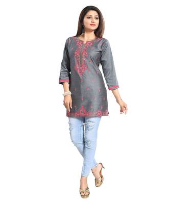 Elegant Gray Short and Straight Raw Silk Tunic with Pink Machine Work Embroidery 1