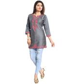 Elegant Gray Short and Straight Raw Silk Tunic with Pink Machine Work Embroidery