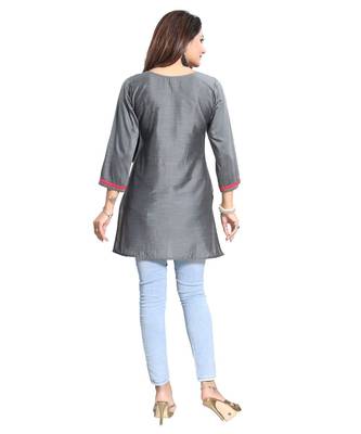 Elegant Gray Short and Straight Raw Silk Tunic with Pink Machine Work Embroidery 2