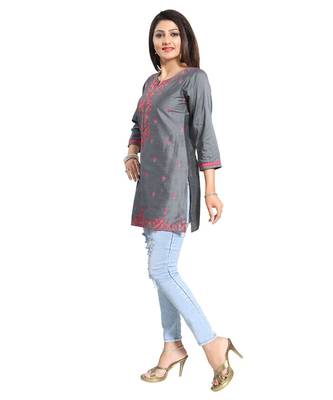 Elegant Gray Short and Straight Raw Silk Tunic with Pink Machine Work Embroidery 3
