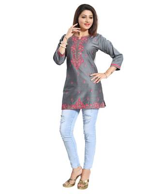 Elegant Gray Short and Straight Raw Silk Tunic with Pink Machine Work Embroidery 4