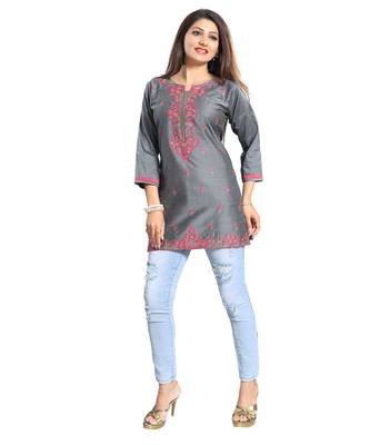 Elegant Gray Short and Straight Raw Silk Tunic with Pink Machine Work Embroidery 5