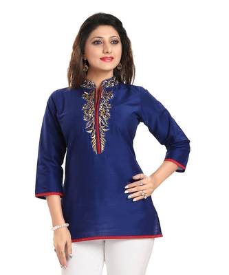 Regal Affair Royal Blue Raw Silk Short Tunic Top with Gold Thread work 1