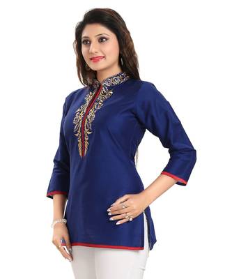 Regal Affair Royal Blue Raw Silk Short Tunic Top with Gold Thread work 3