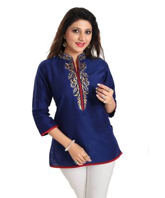Regal Affair Royal Blue Raw Silk Short Tunic Top with Gold Thread work 4