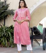 Peach Embroidered Rayon Front Slit Kurti