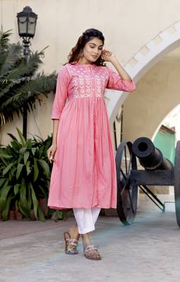 Peach Embroidered Rayon Front Slit Kurti 4