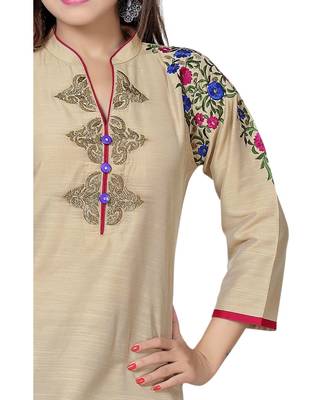 Beautilicious Beige Short Tunic Top for Women with Multi-coloured Embroidery 2