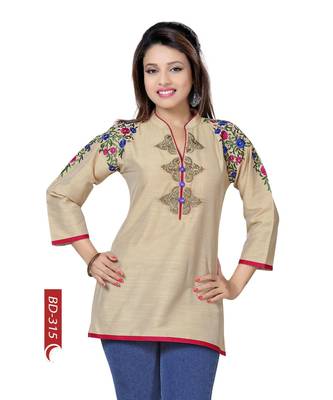 Beautilicious Beige Short Tunic Top for Women with Multi-coloured Embroidery 1