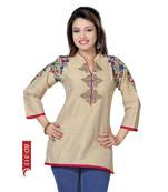 Beautilicious Beige Short Tunic Top for Women with Multi-coloured Embroidery