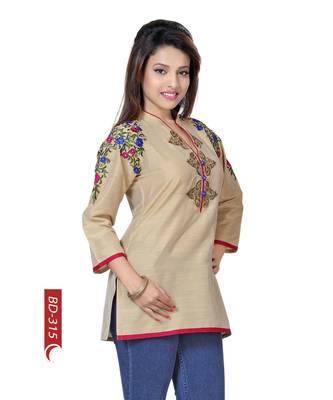 Beautilicious Beige Short Tunic Top for Women with Multi-coloured Embroidery 4