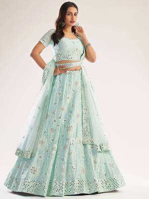 Sea-green embroidered net semi stitched lehenga 1