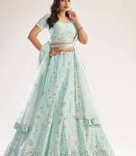 Sea-green embroidered net semi stitched lehenga