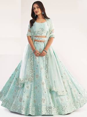 Sea-green embroidered net semi stitched lehenga 2