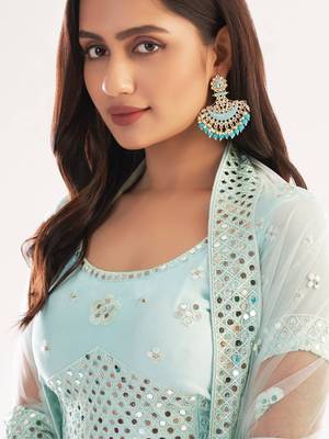 Sea-green embroidered net semi stitched lehenga 3