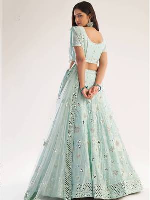 Sea-green embroidered net semi stitched lehenga 4