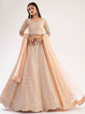 Peach embroidered net semi stitched lehenga 1