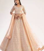 Peach embroidered net semi stitched lehenga