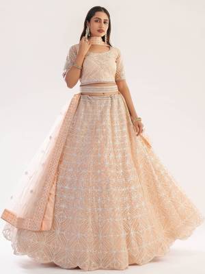 Peach embroidered net semi stitched lehenga 3