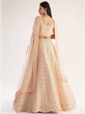 Peach embroidered net semi stitched lehenga 4