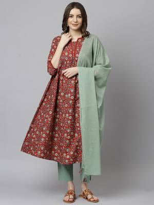 Janasya Red floral print cotton salwar 1