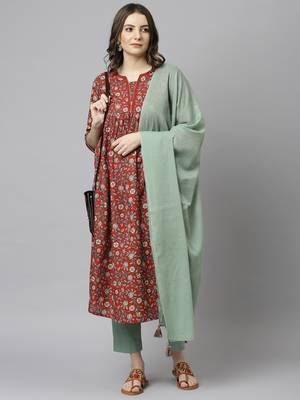 Janasya Red floral print cotton salwar 2