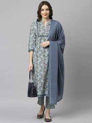 Janasya Grey floral print cotton salwar 1