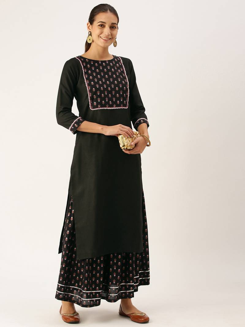 Minora Pure Cotton Black Printed Kurta Sets & Sharara 