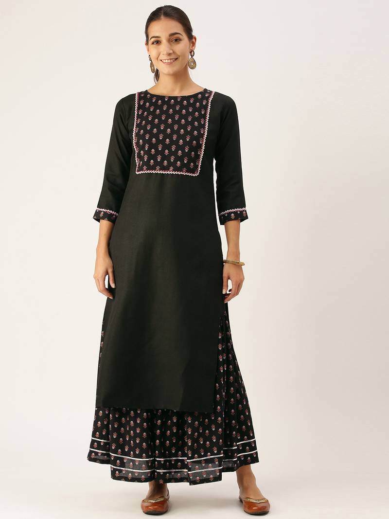 Minora Pure Cotton Black Printed Kurta Sets & Sharara 
