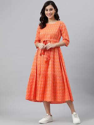 Orange woven cotton long-dresses 6