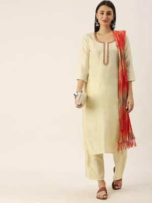 Minora Cotton Off-White Embroidered Kurta Sets & Trousers with Dupatta 1