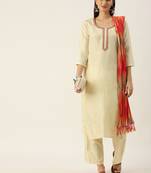 Minora Cotton Off-White Embroidered Kurta Sets & Trousers with Dupatta