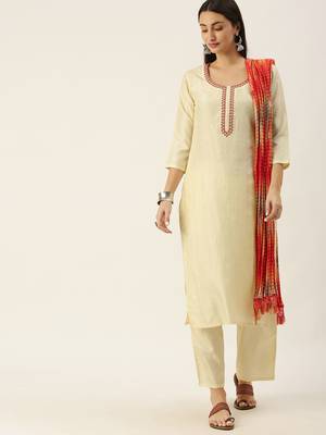 Minora Cotton Off-White Embroidered Kurta Sets & Trousers with Dupatta 2