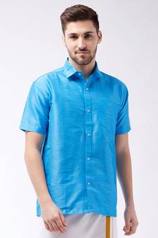 Men'S Aqua Blue Silk Blend Ethnic Shirt