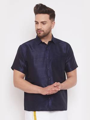 Blue Plain Silk Men Shirt 1
