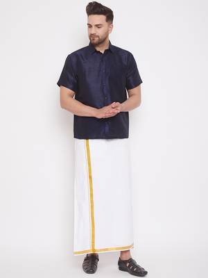 Blue plain silk  shirt & mundu 1